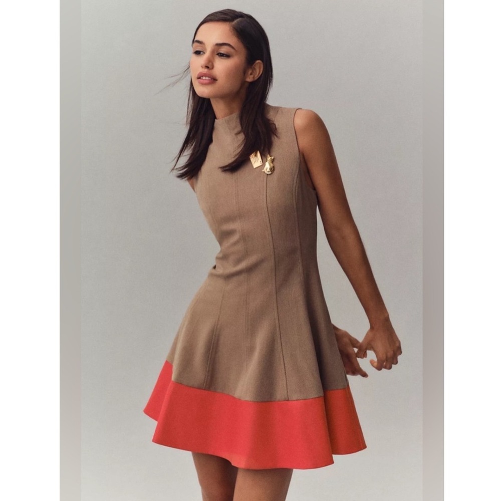 Anthropologie Maeve Faux Leather Mock Neck Herringbone Mini Dress Medium